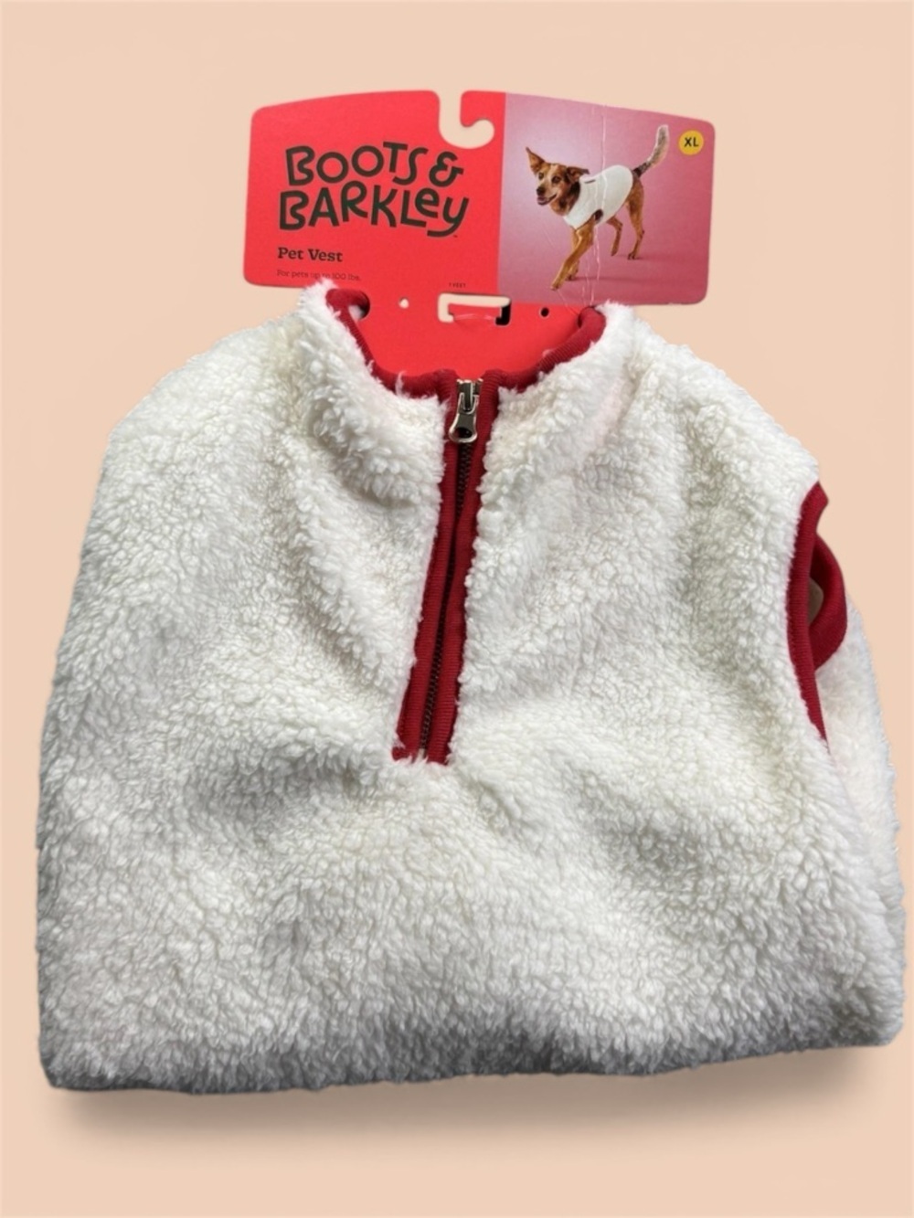 Boots & Barkley Dog White Sherpa Vest with Red Trim. Sz XL